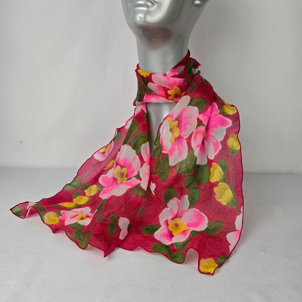Vintage Floral Lightweight Scarf Pink Red Spring Summer Sheer Wrap